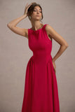 Muriel Red Boat Neck Volume Hem Midi Dress