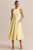 Magnora Lemon Crew Neck Belted Midi Dress
