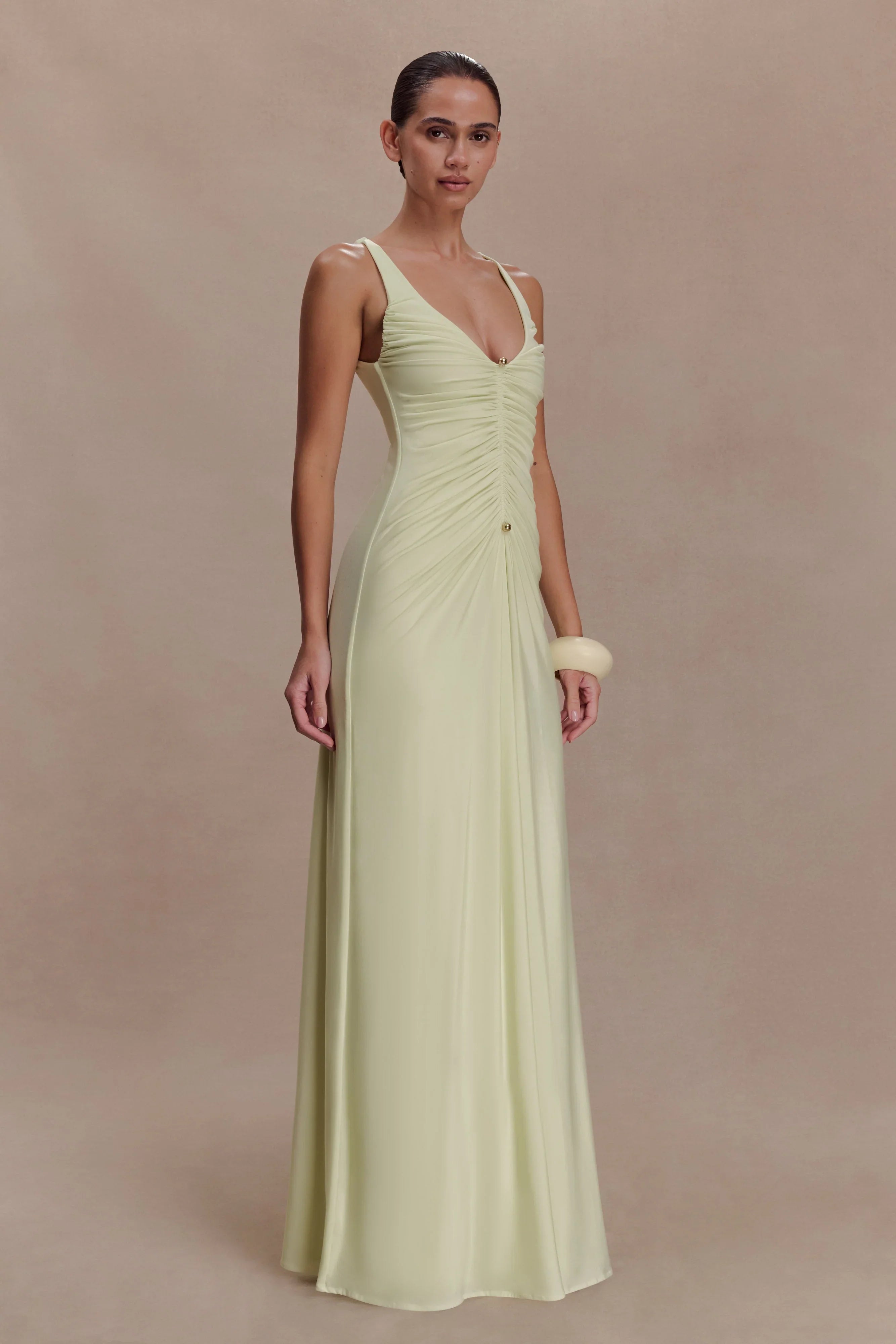 Perrie Slinky Ruched Maxi Dress Pastel Lime
