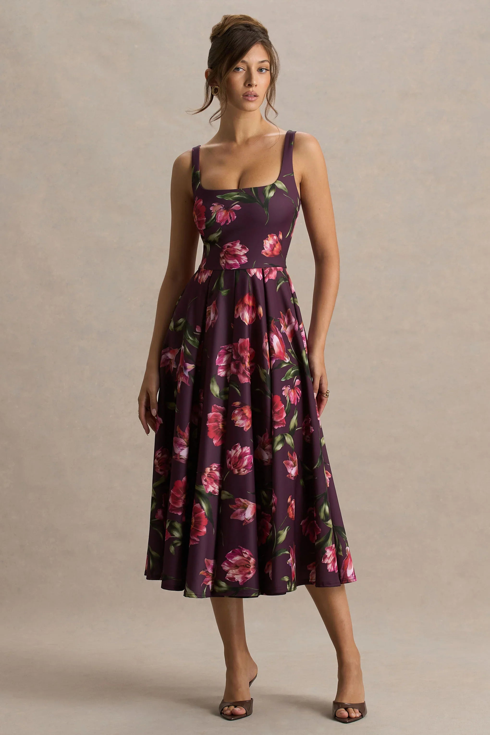 Berta Burgundy Floral Print Square Neck Midi Dress
