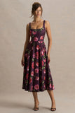 Berta Burgundy Floral Print Square Neck Midi Dress