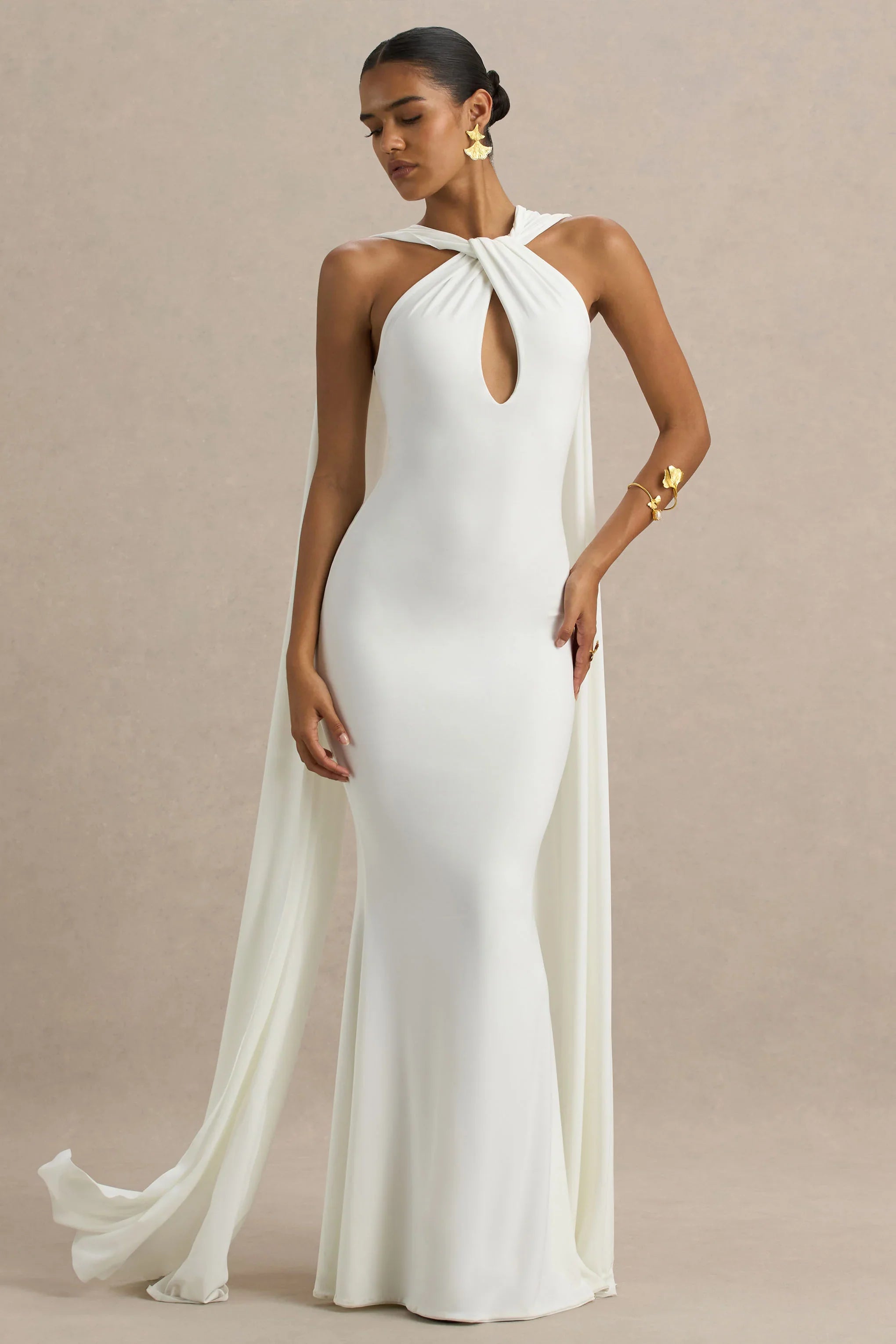 Rhoda White Twist Halter Neck Cape Maxi Dress