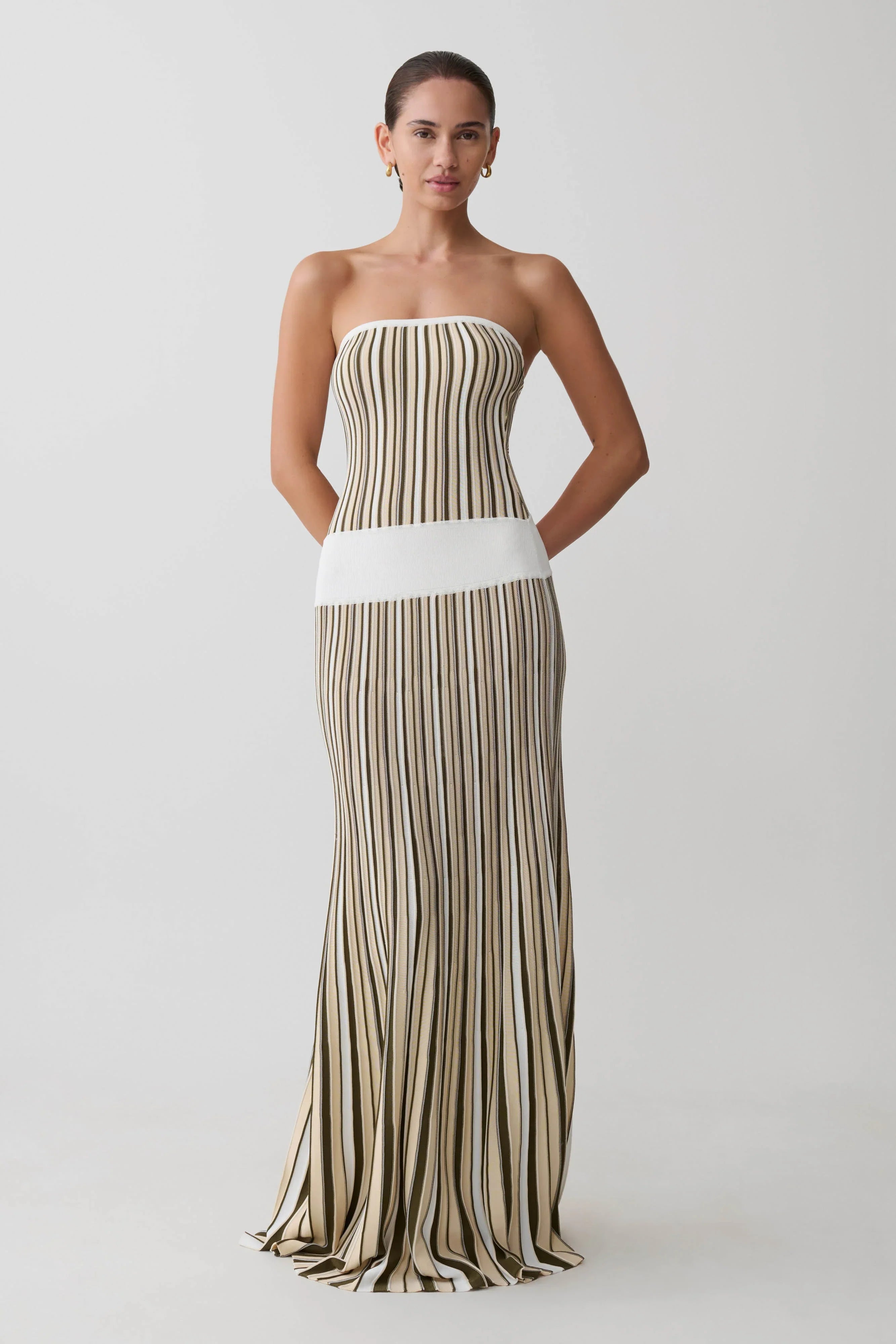 Joyce Stripe Maxi Knit Dress Khaki Ivory