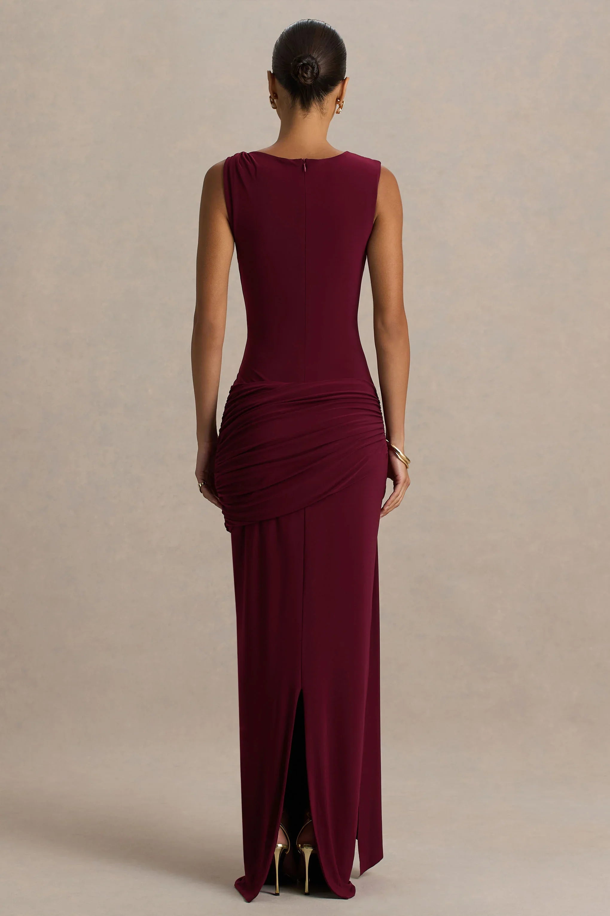 Decadence Burgundy High Neck Wrapped Maxi Dress With Twist Sleeve