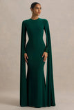 Isla Bottle Green Crew Neck Maxi Dress With Cape Sleeve