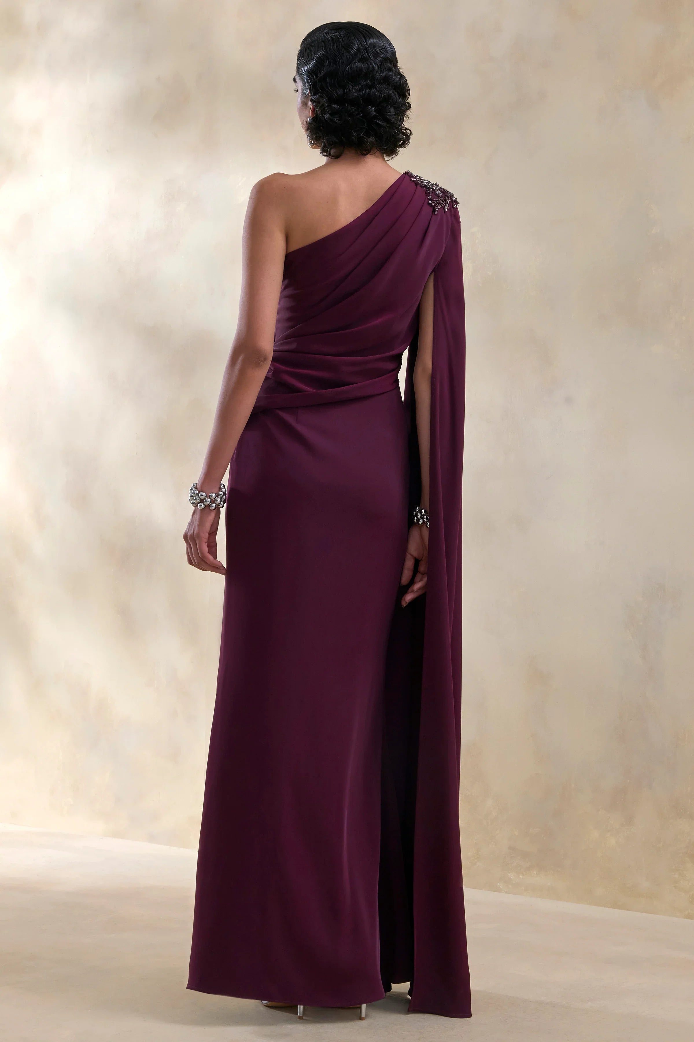 Solace Dark Plum Asymmetric Neck Maxi Dress With Front High Split