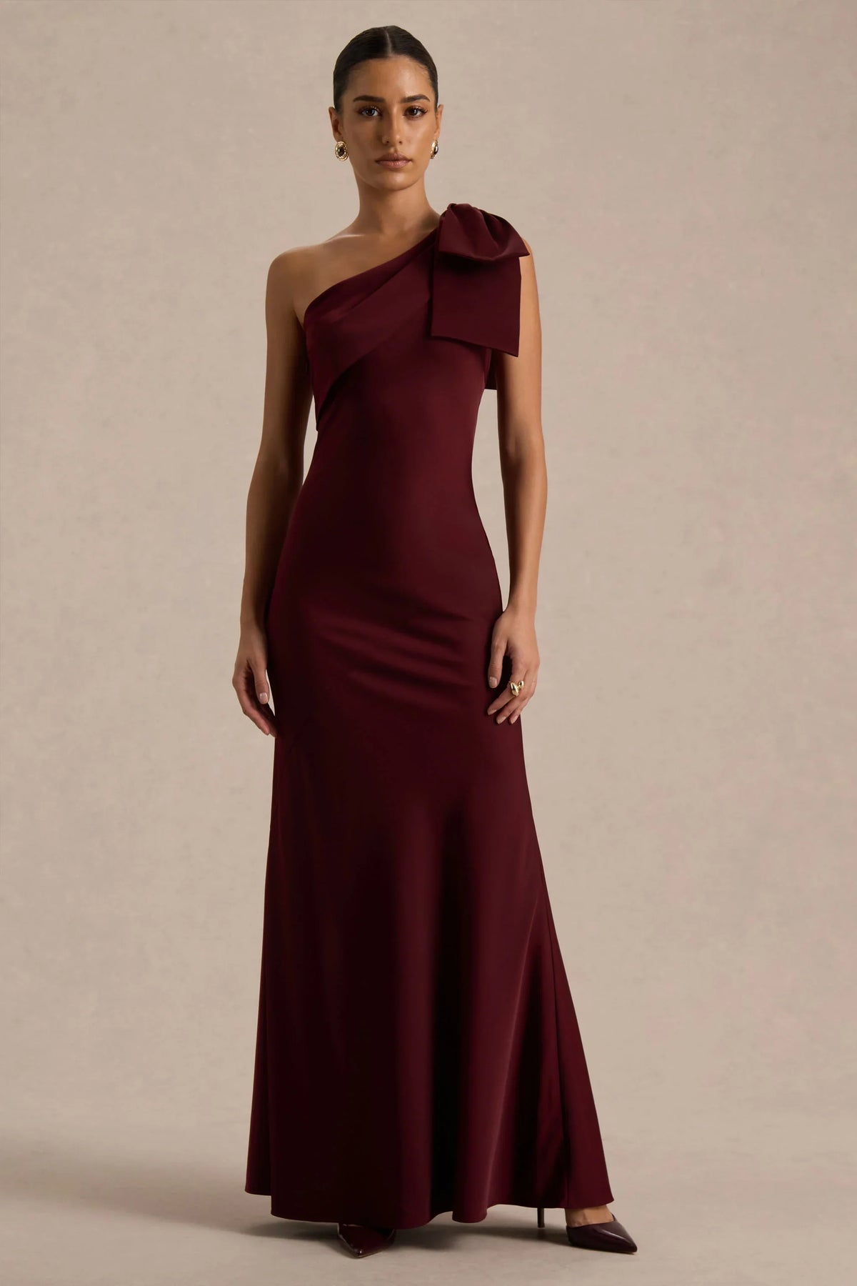 Josephine Burgundy Matte Satin Asymmetric Neck Maxi Dress With Bow Detail