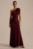 Josephine Burgundy Matte Satin Asymmetric Neck Maxi Dress With Bow Detail