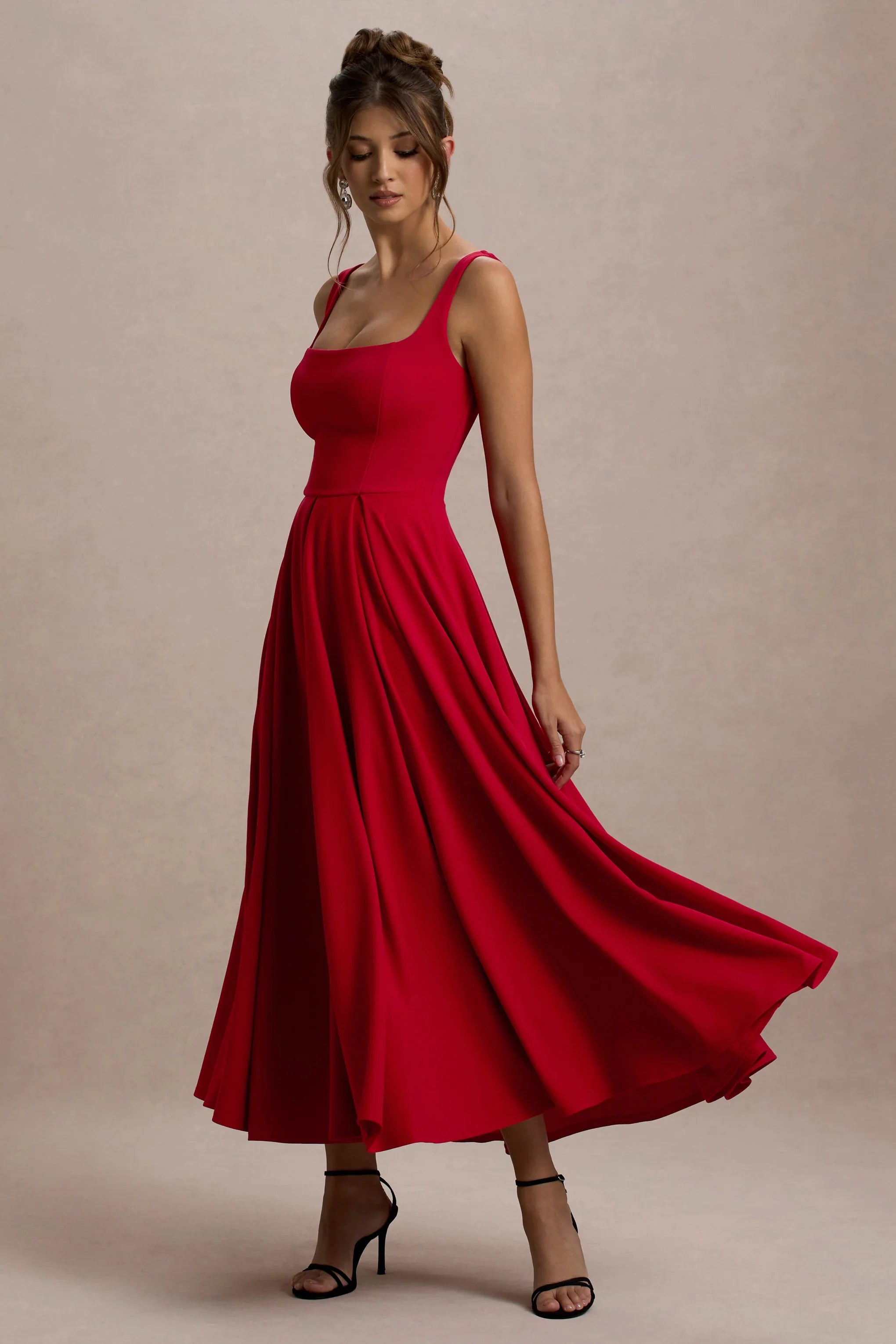 Parina Red Strappy Volume Hem Midi Dress