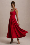 Parina Red Strappy Volume Hem Midi Dress