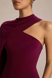Dawn Burgundy Asymmetric Neck Maxi Dress With One Long Sleeve And Cape
