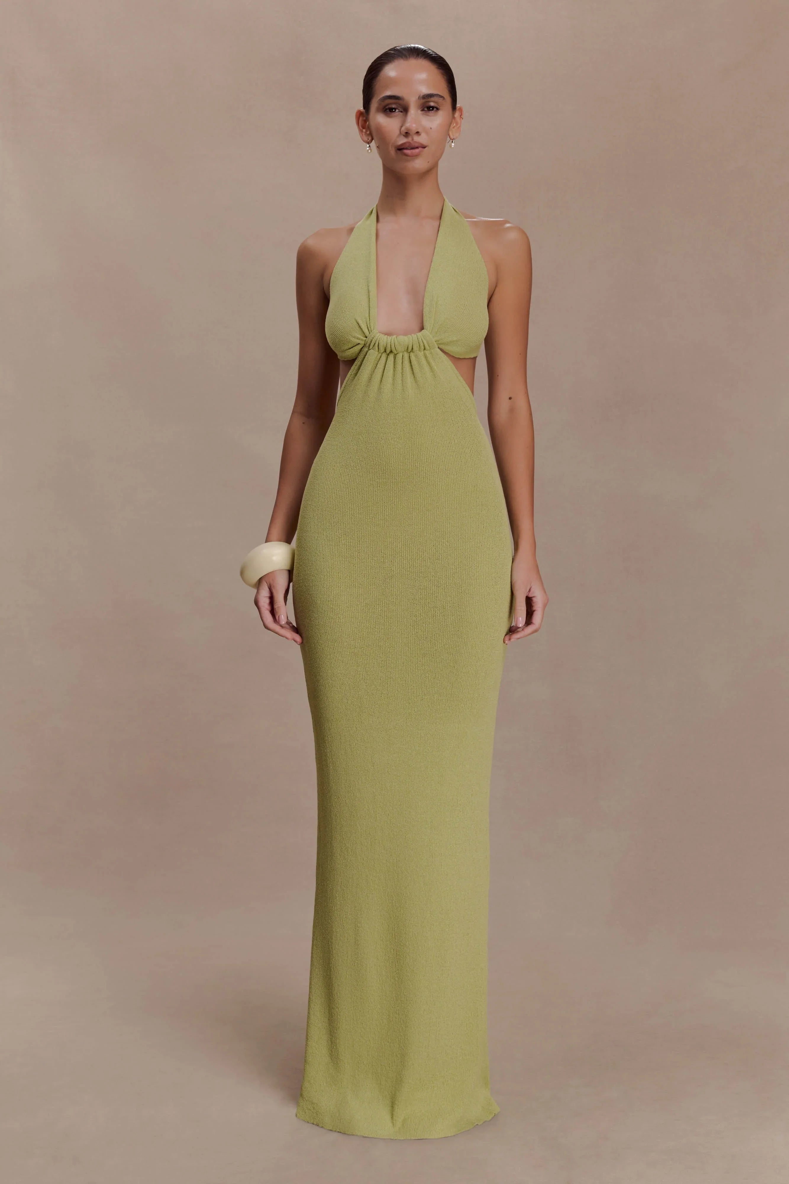 Theresea Halter Knit Maxi Dress Light Olive