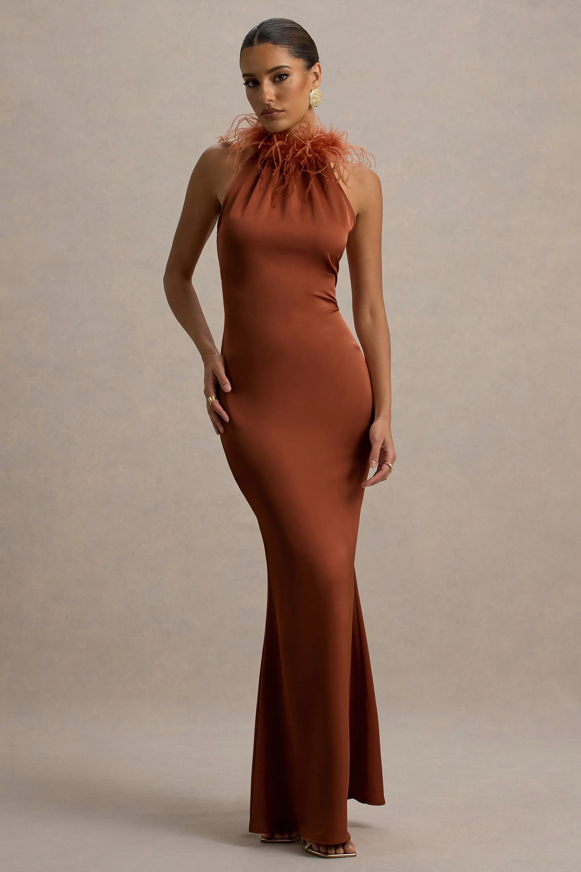 Bianca Rust Satin Feather Trim Maxi Dress