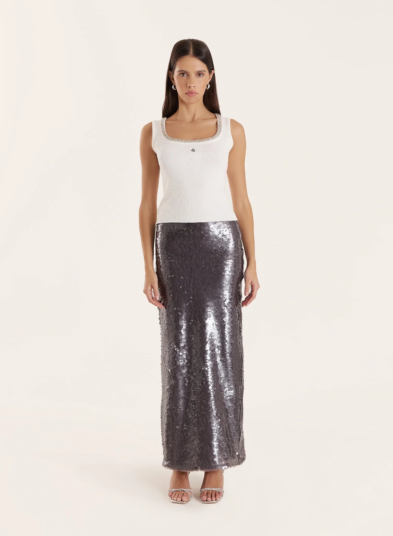 White Embellished Trim Square Neck Vest Top