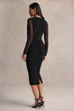 Griselda Black Plunge Neck Midi Dress With Sheer Long Sleeves