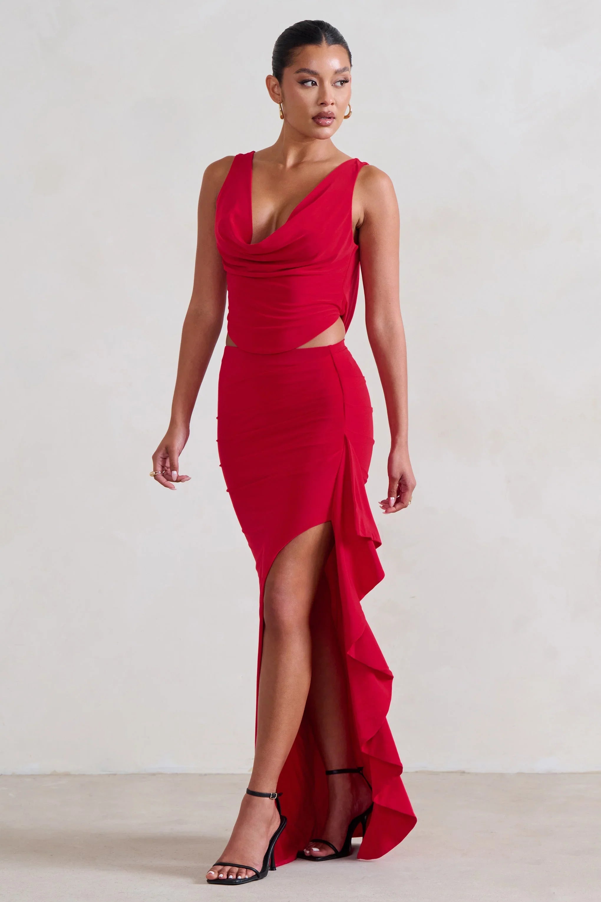 La Belle Red Ruffle Maxi Skirt With Thigh Split