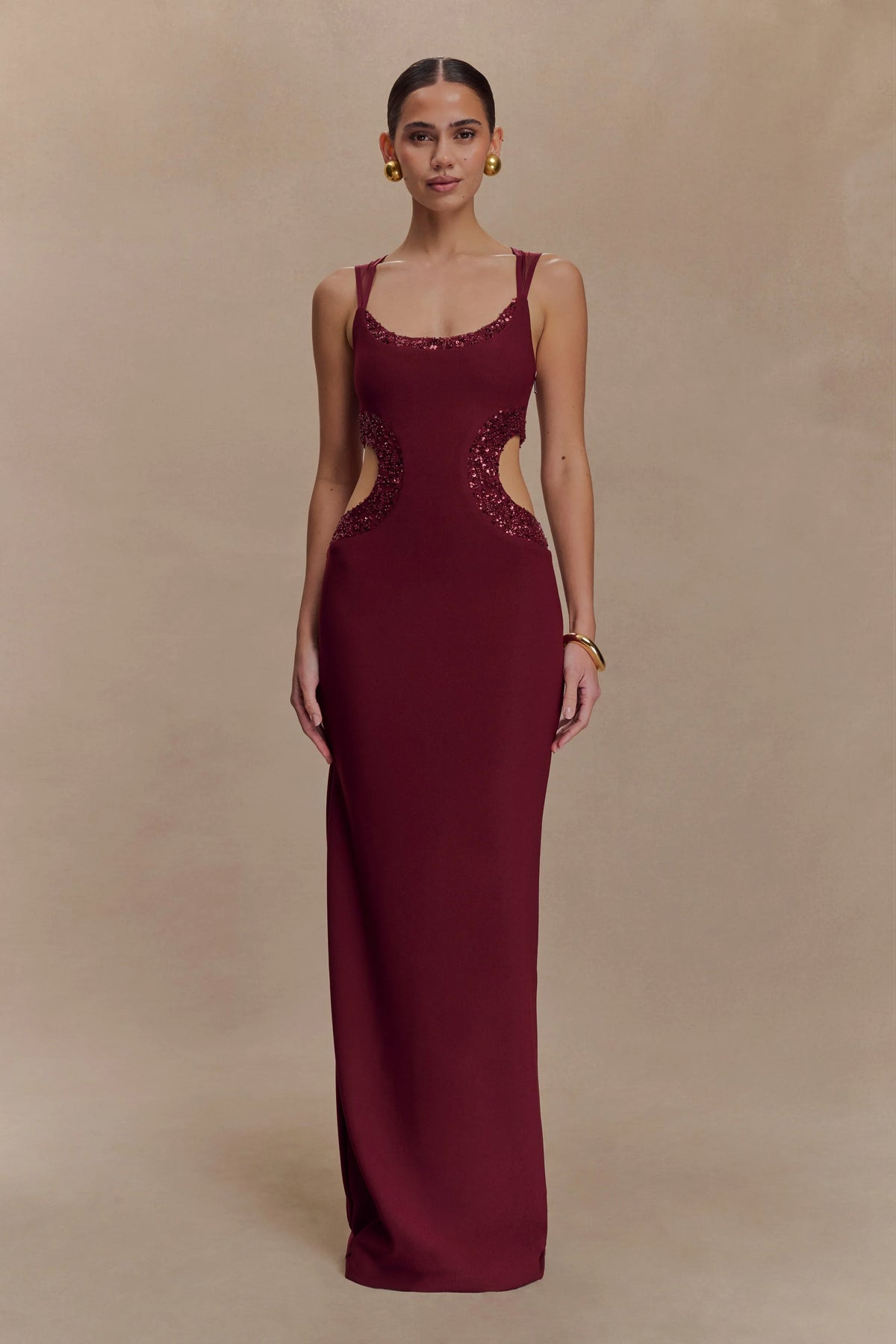 Angelique Beaded Crepe Maxi Dress Wine