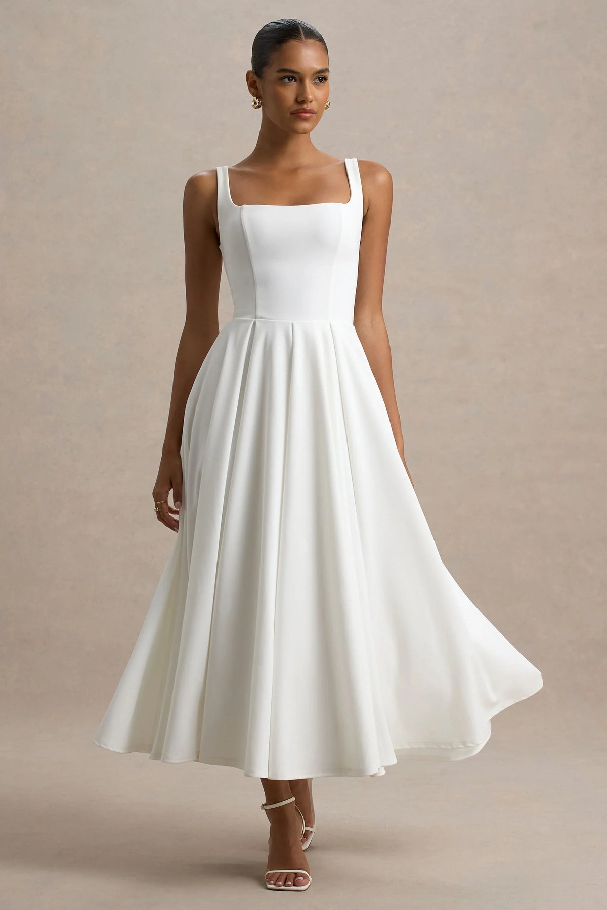 Parina White Strappy Volume Hem Midi Dress