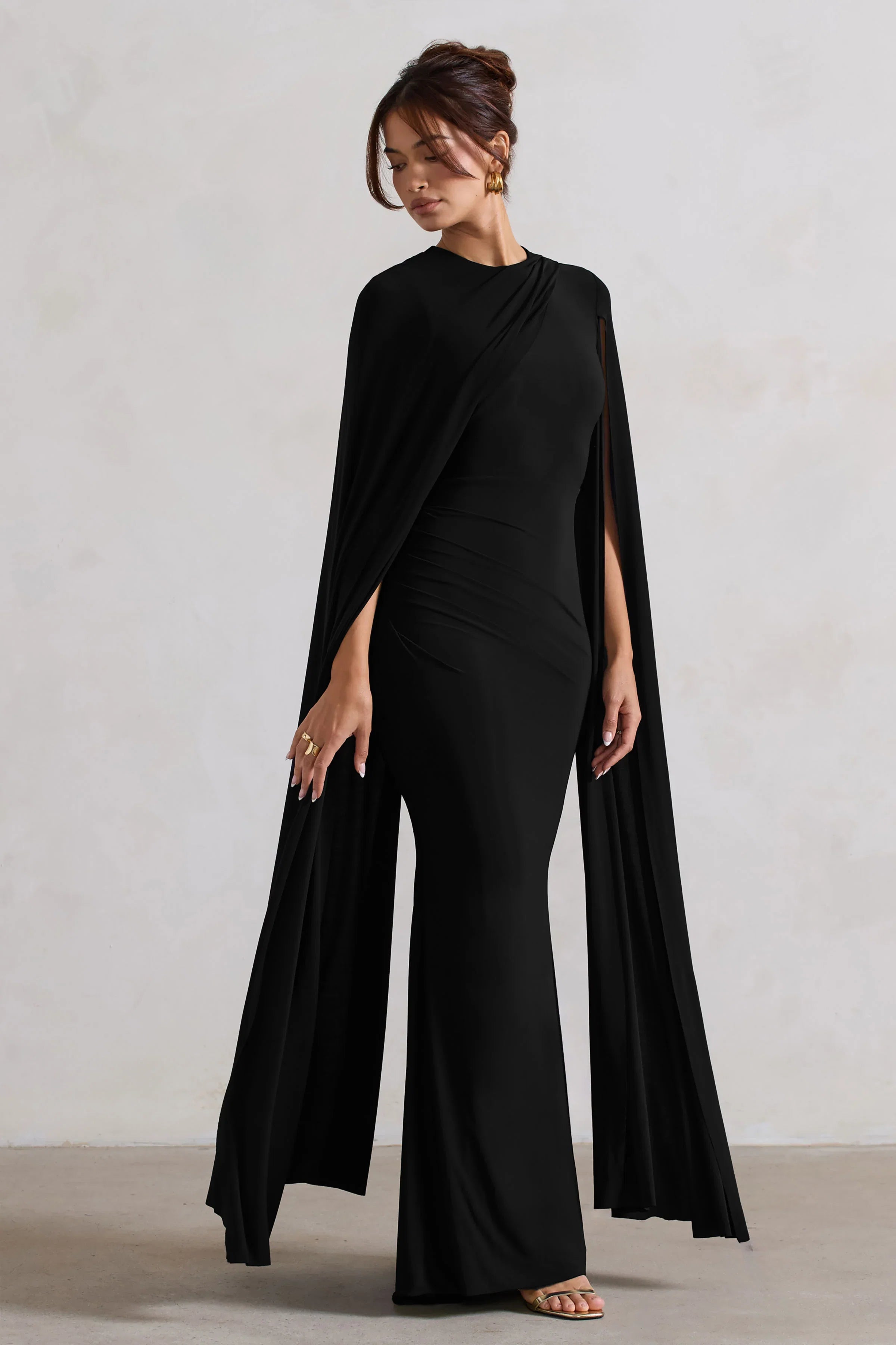 Magdelena Black Asymmetric Cape Maxi Dress
