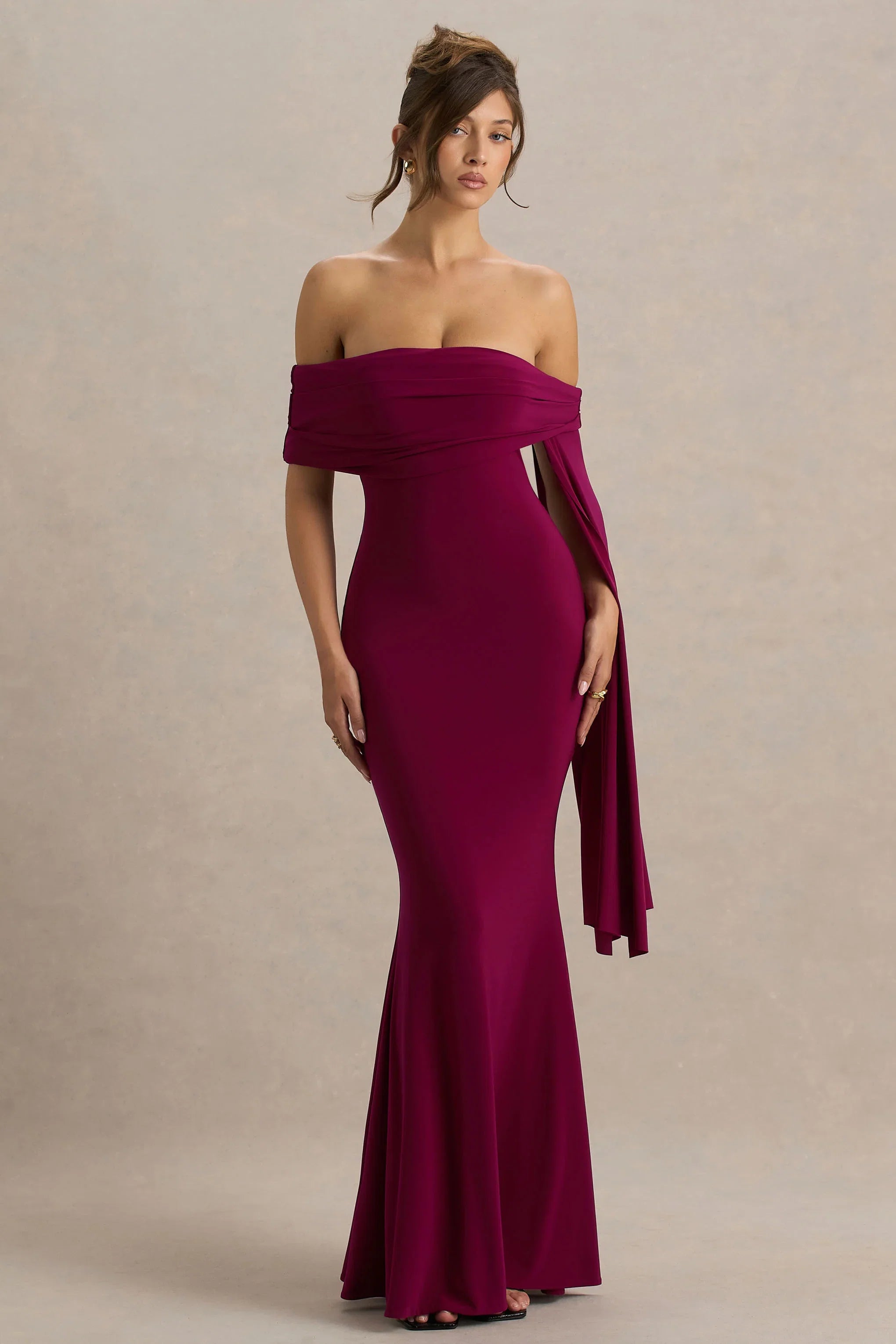 Saffina Burgundy Bardot Neck Maxi Dress With Sash Detail