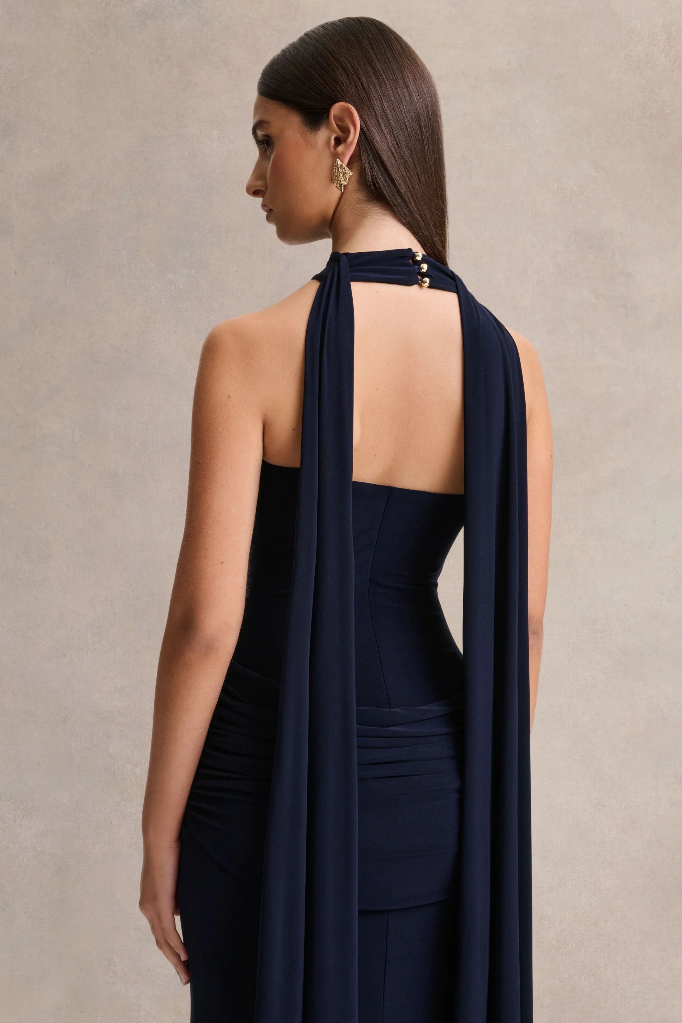 Hesperia Navy High Neck Maxi Dress With Draped Detailing And Scarf