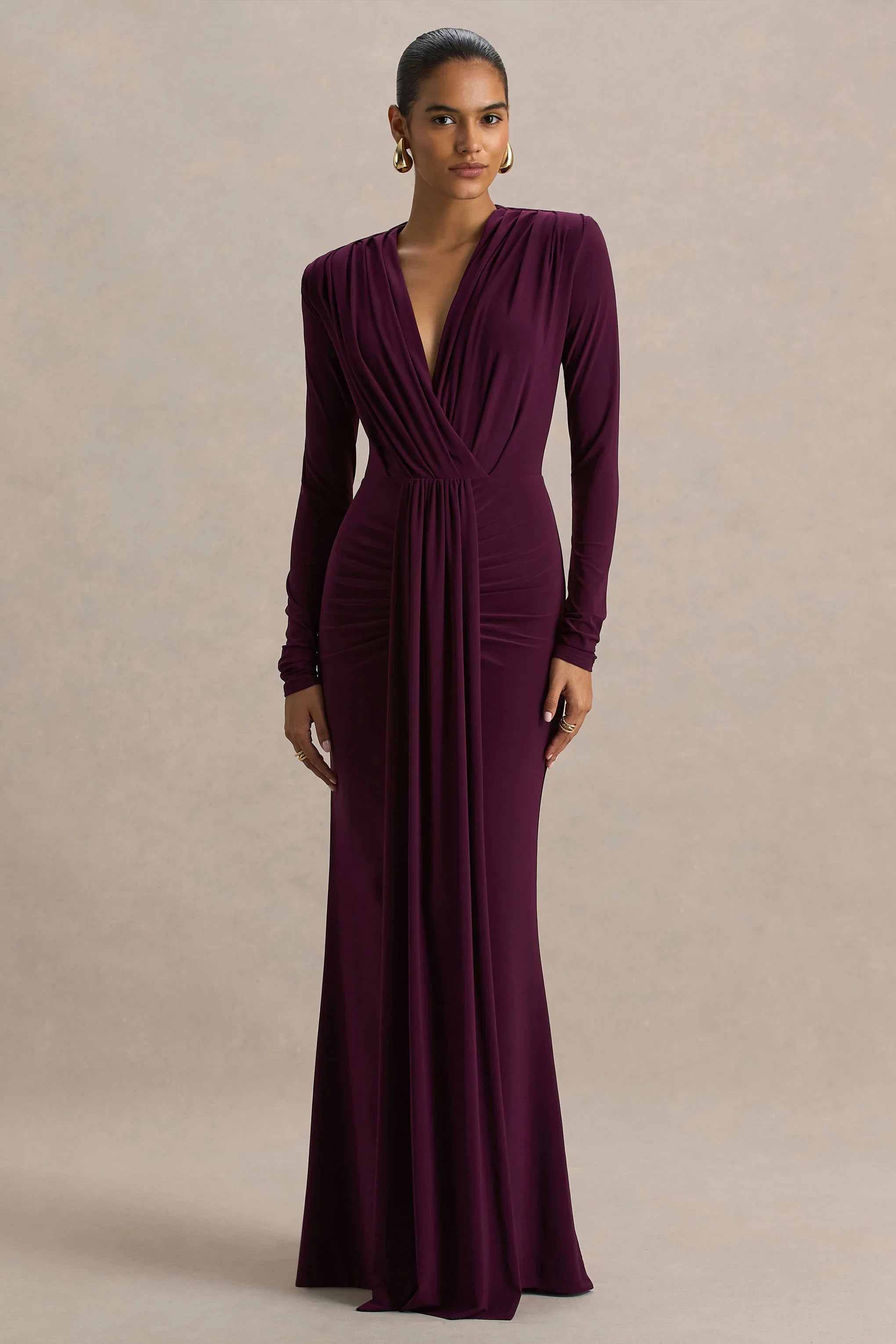 Flashy Burgundy Plunge Neck Maxi Dress With Ruched Detailing