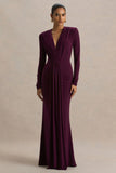 Flashy Burgundy Plunge Neck Maxi Dress With Ruched Detailing