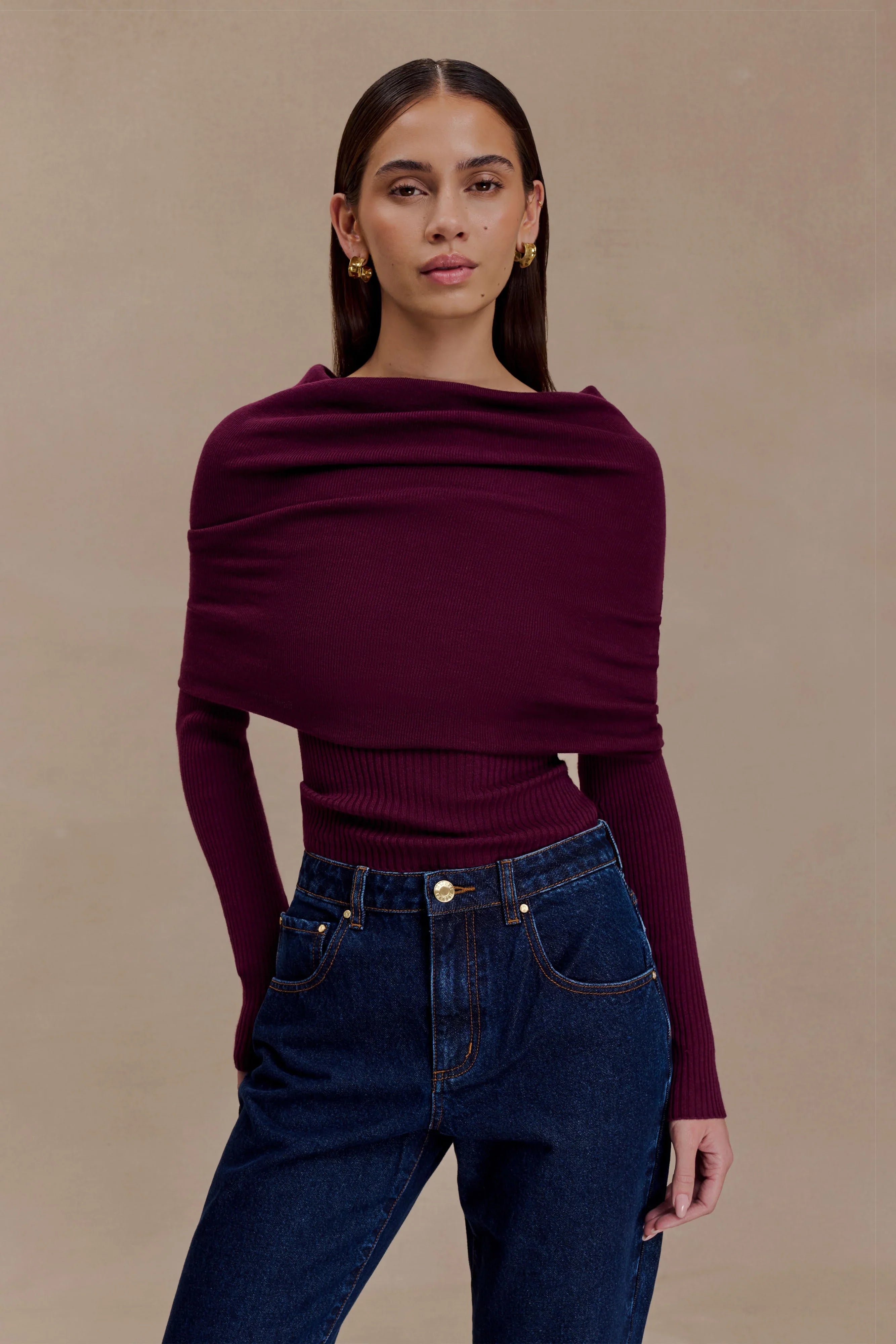 Mazie Asymetrical Cashmere Blend Long Sleeve Knit Top Plum