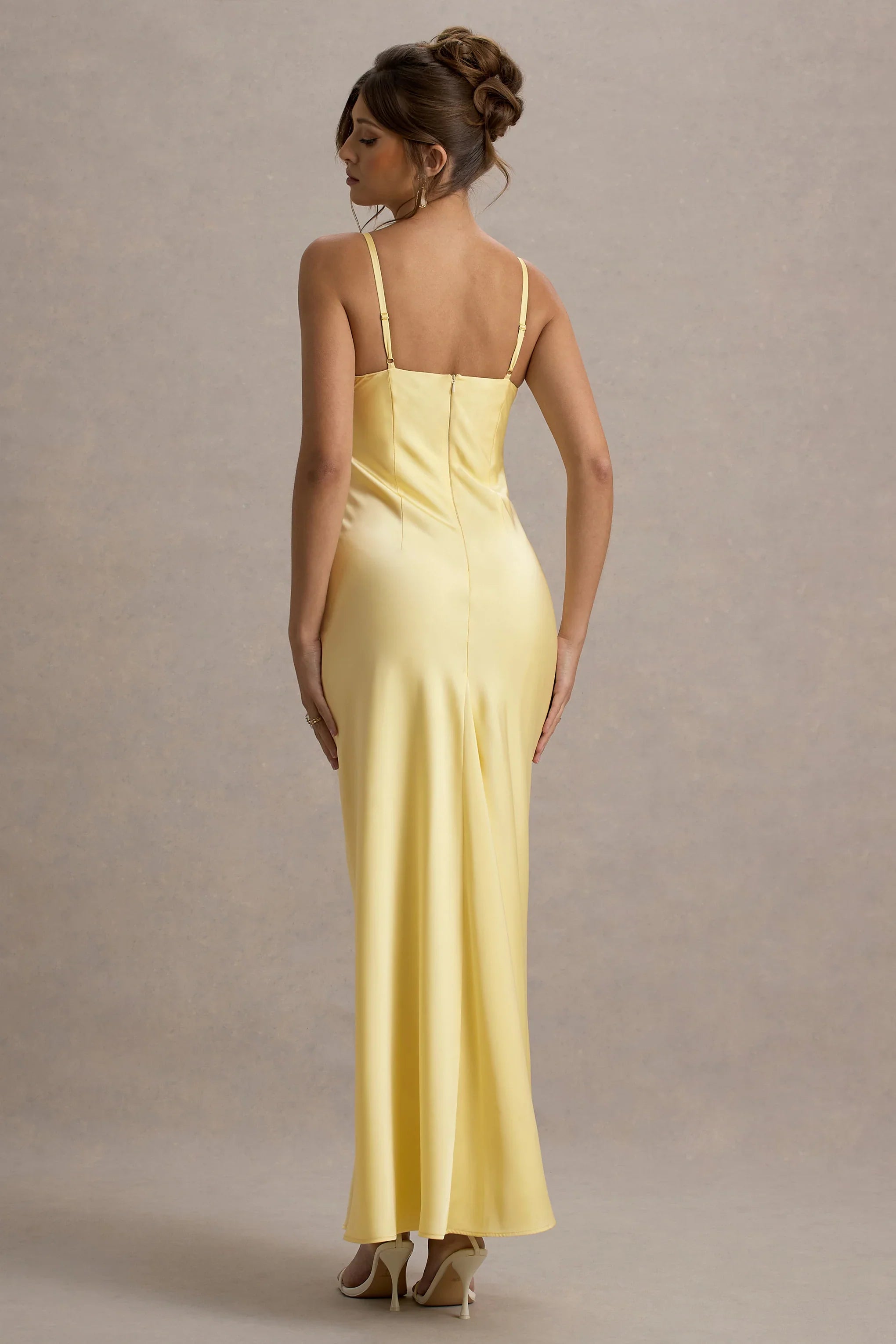 Eimear Lemon Satin Draped Sweetheart Maxi Dress