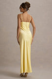 Eimear Lemon Satin Draped Sweetheart Maxi Dress