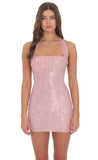 Sequin Halter Dress in Rose Pink