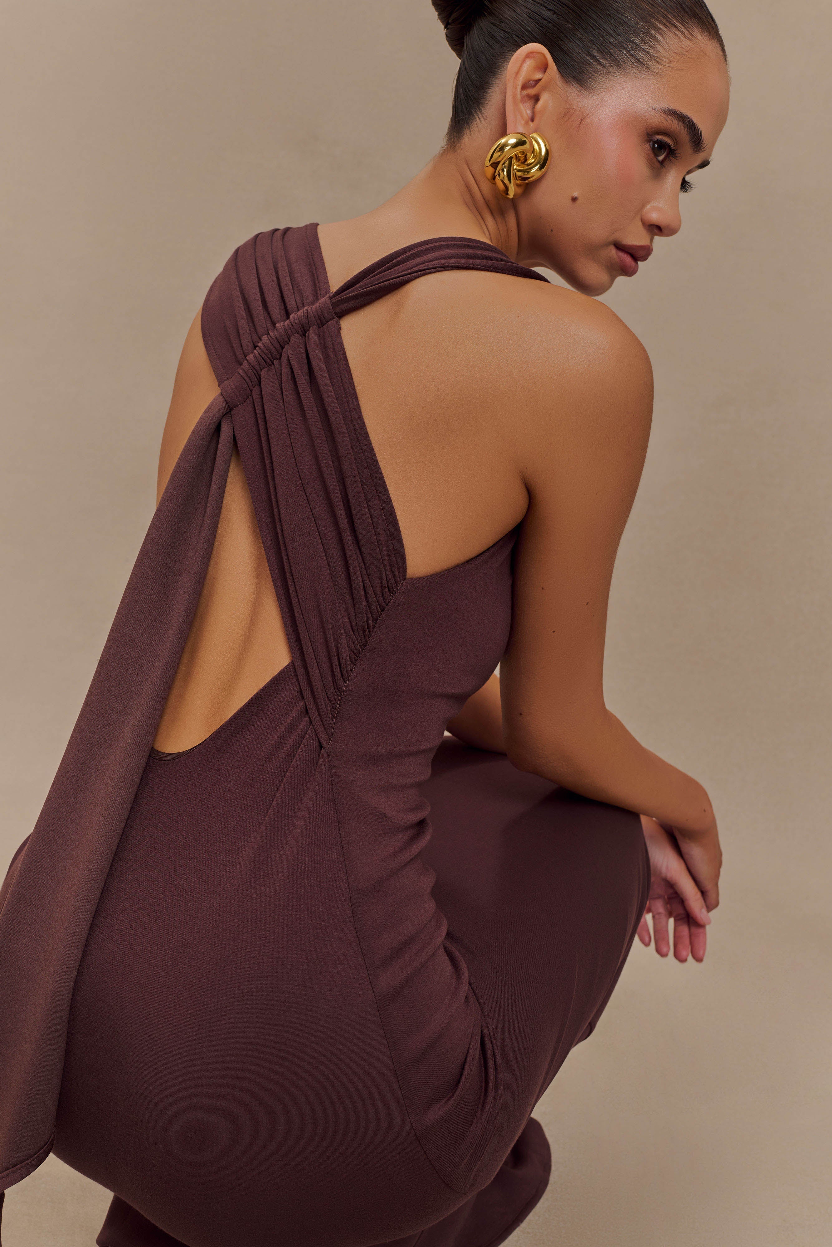 Catelyn Asymmetrical Scuba Jersey Midi Dress Cacao Brown