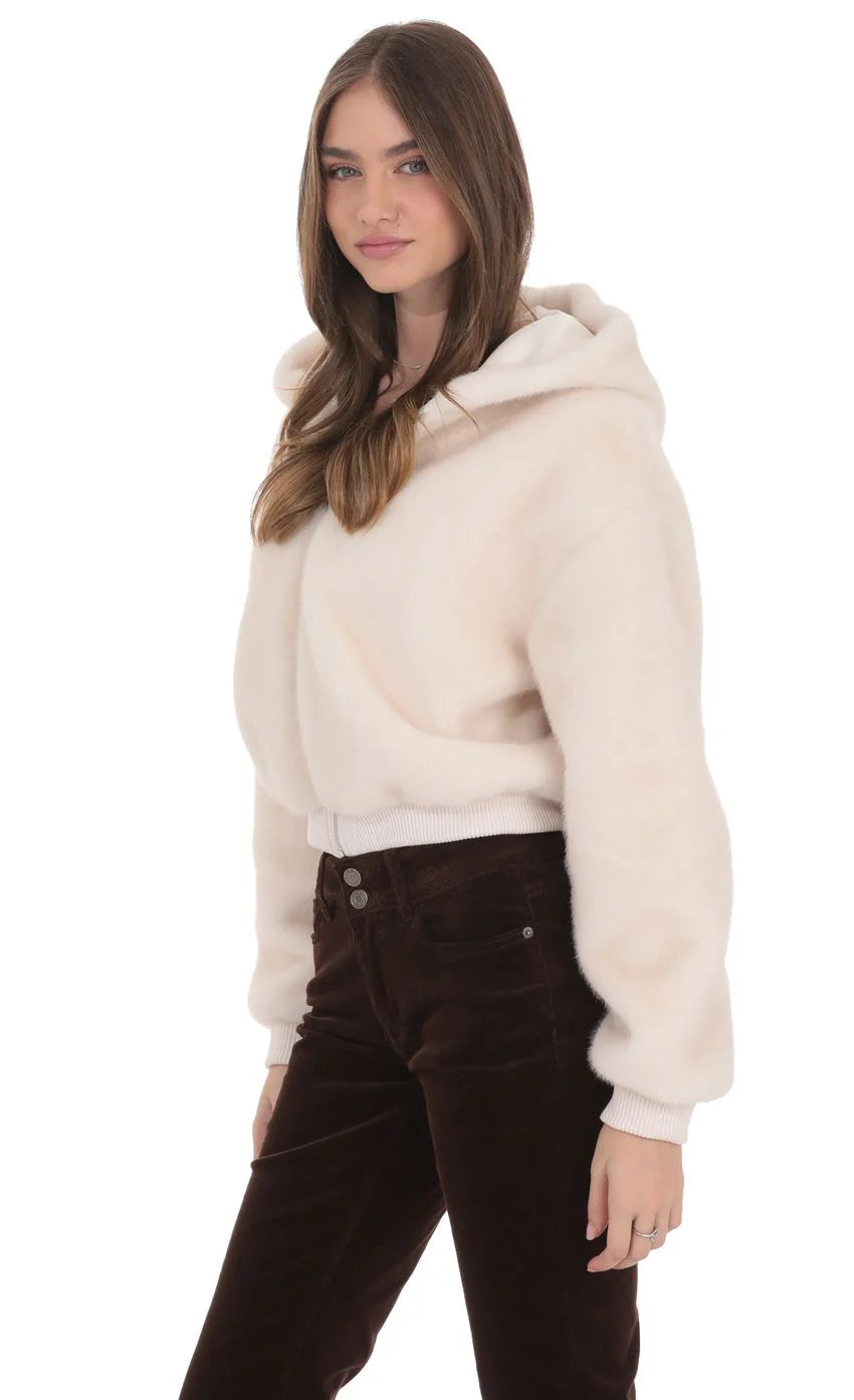 Fuzzy Zip Up Hoodie in Ivory