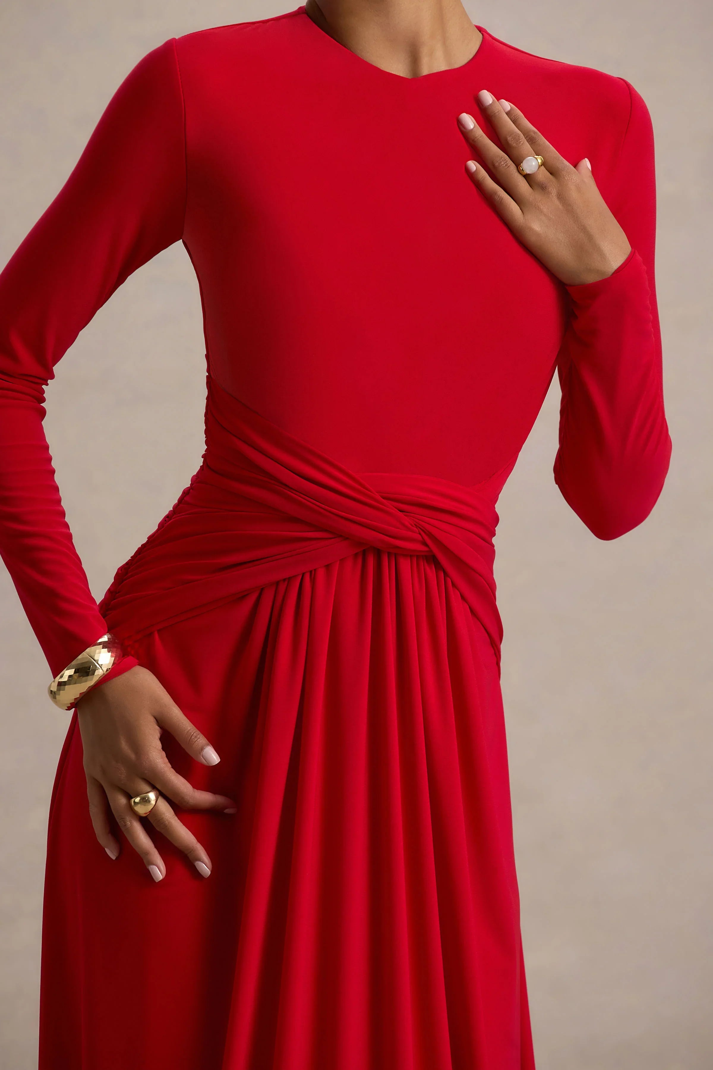 Estrella Red High Neck Maxi Dress With Ruched Detailing