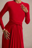 Estrella Red High Neck Maxi Dress With Ruched Detailing