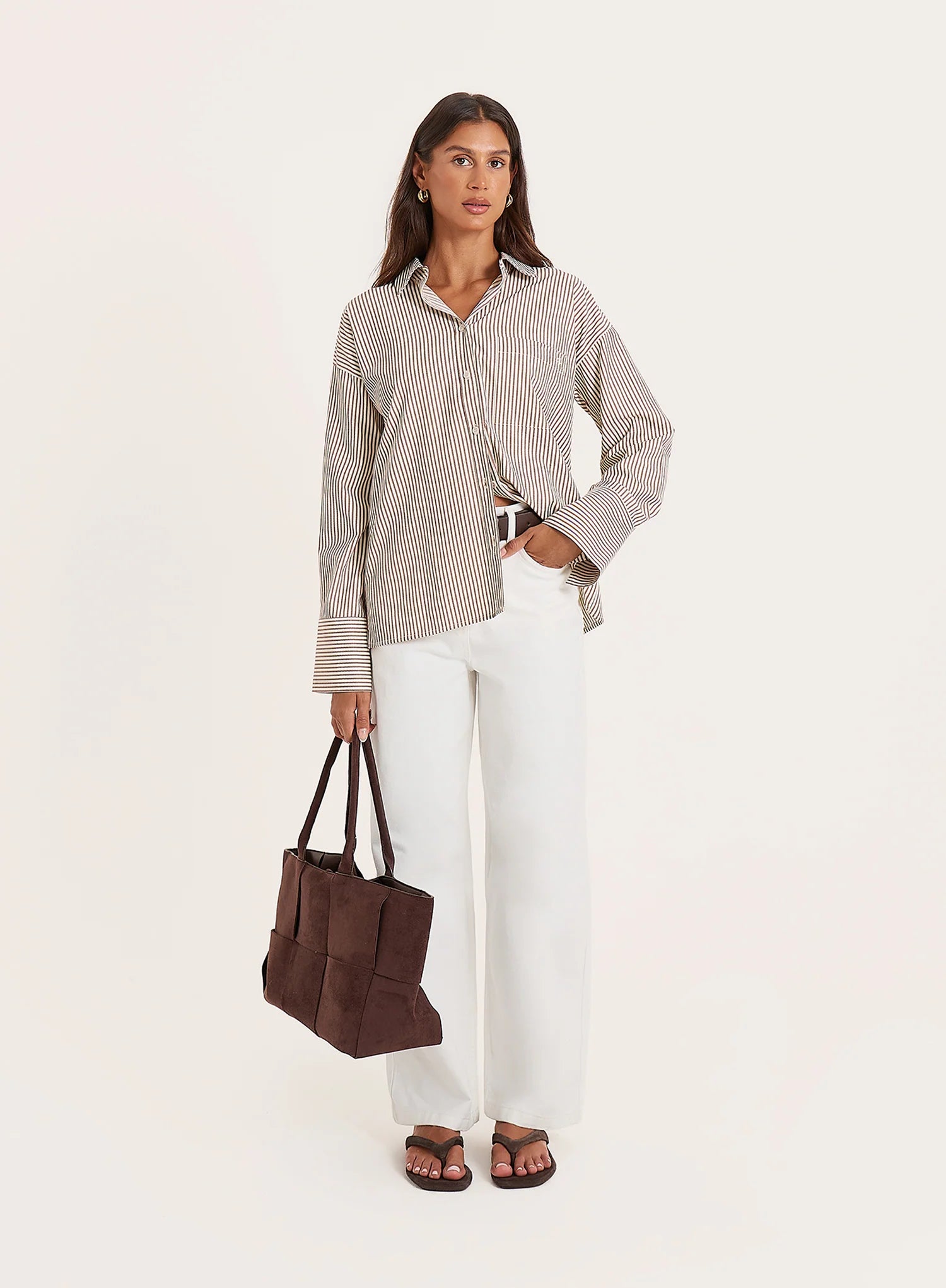 White And Beige Stripe Cotton Tie Back Detail Shirt