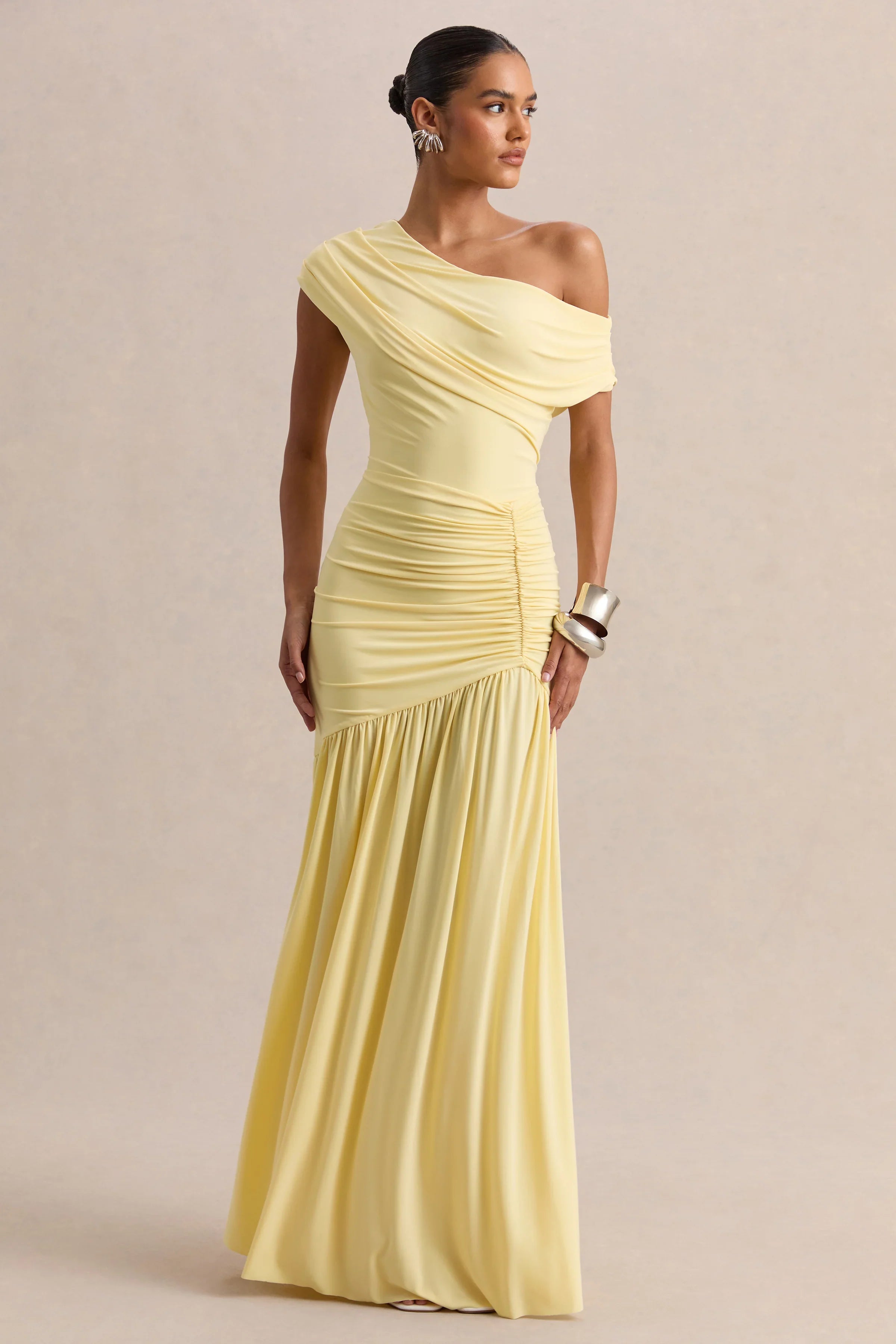 Kady Lemon Asymmetric Neck Maxi Dress With Ruched Detailing
