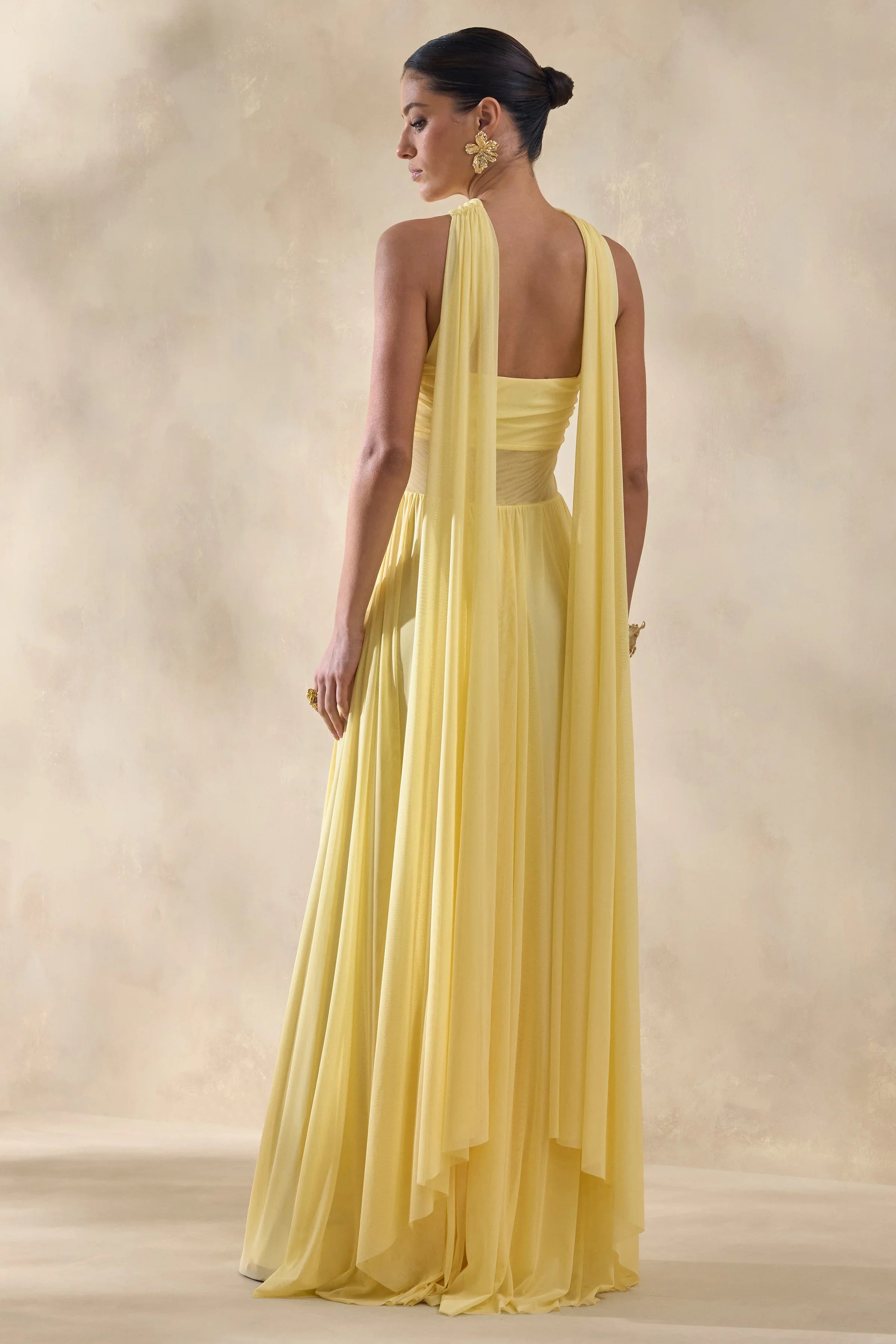 Lyvoria Lemon Bandeau Maxi Dress With Mesh Detail And Scarf