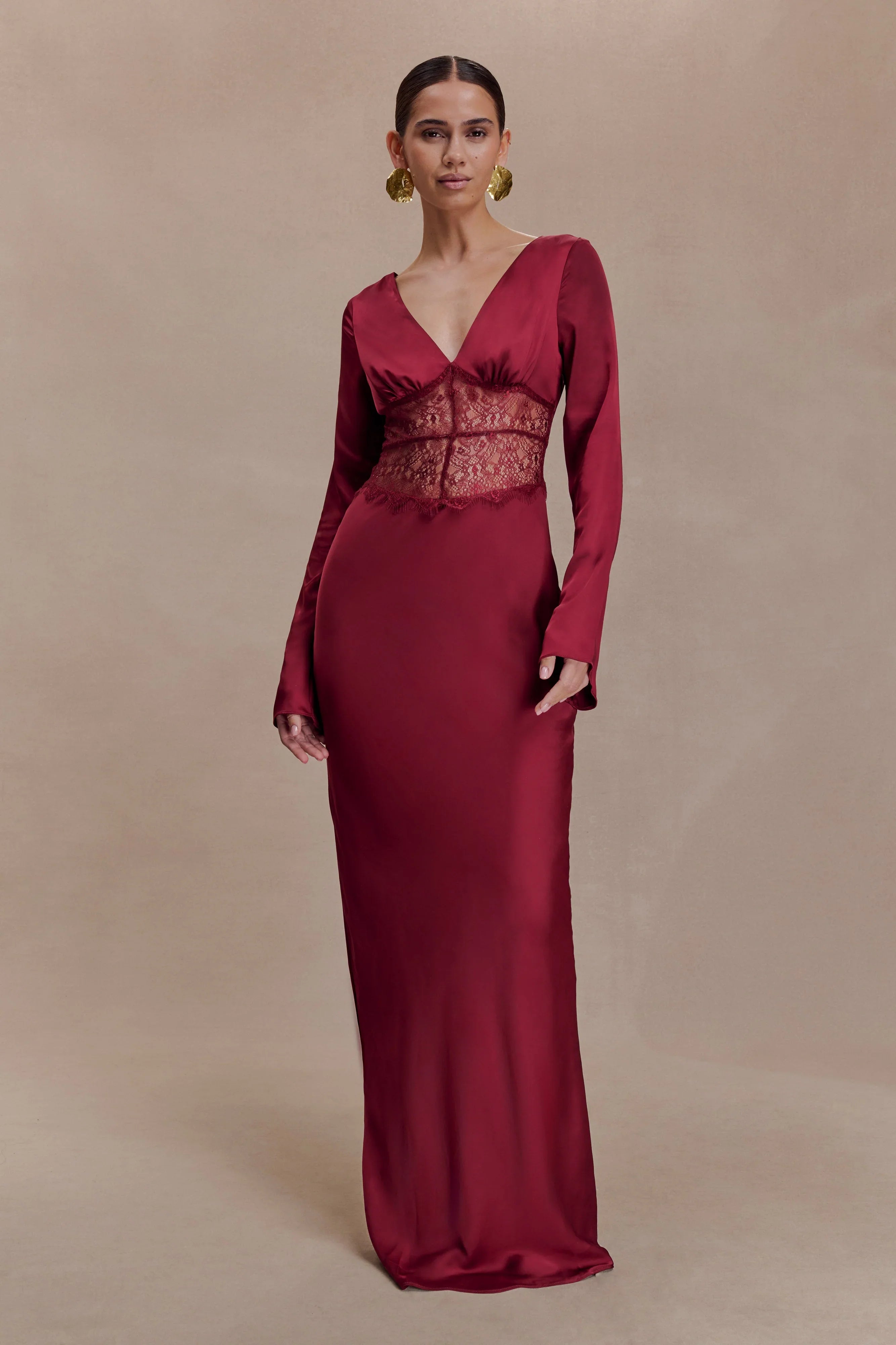 Kaya Long Sleeve Satin And Mesh Maxi Dress Wine