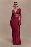 Kaya Long Sleeve Satin And Mesh Maxi Dress Wine