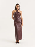 Burgundy Faux Leather Halterneck Maxi Dress