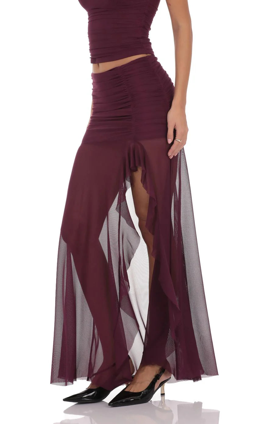 Mesh Fishtail Maxi Skirt in Plum
