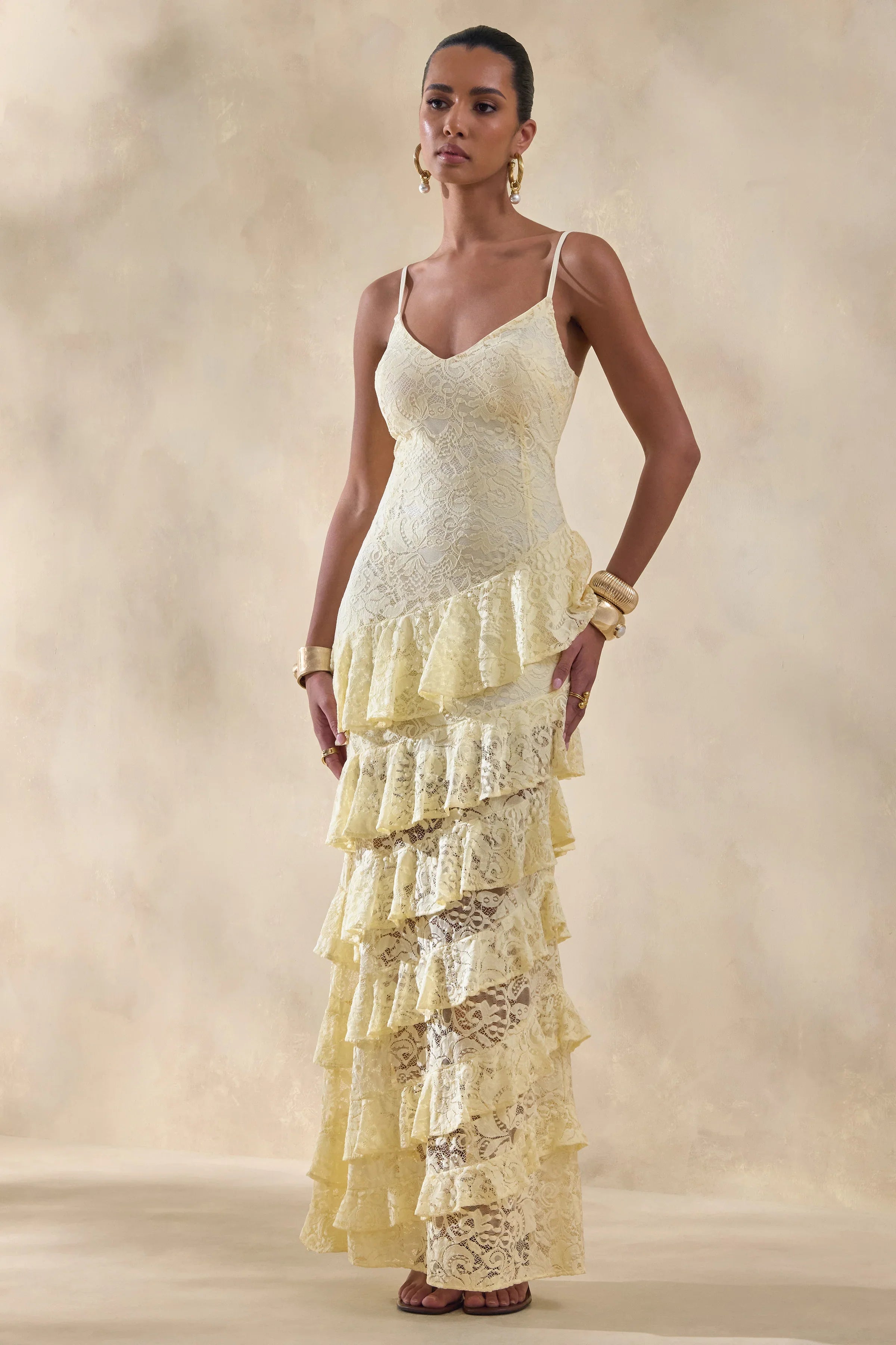 Avelisse Lemon Lace Plunge Neck Maxi Dress With Ruffled Detailing