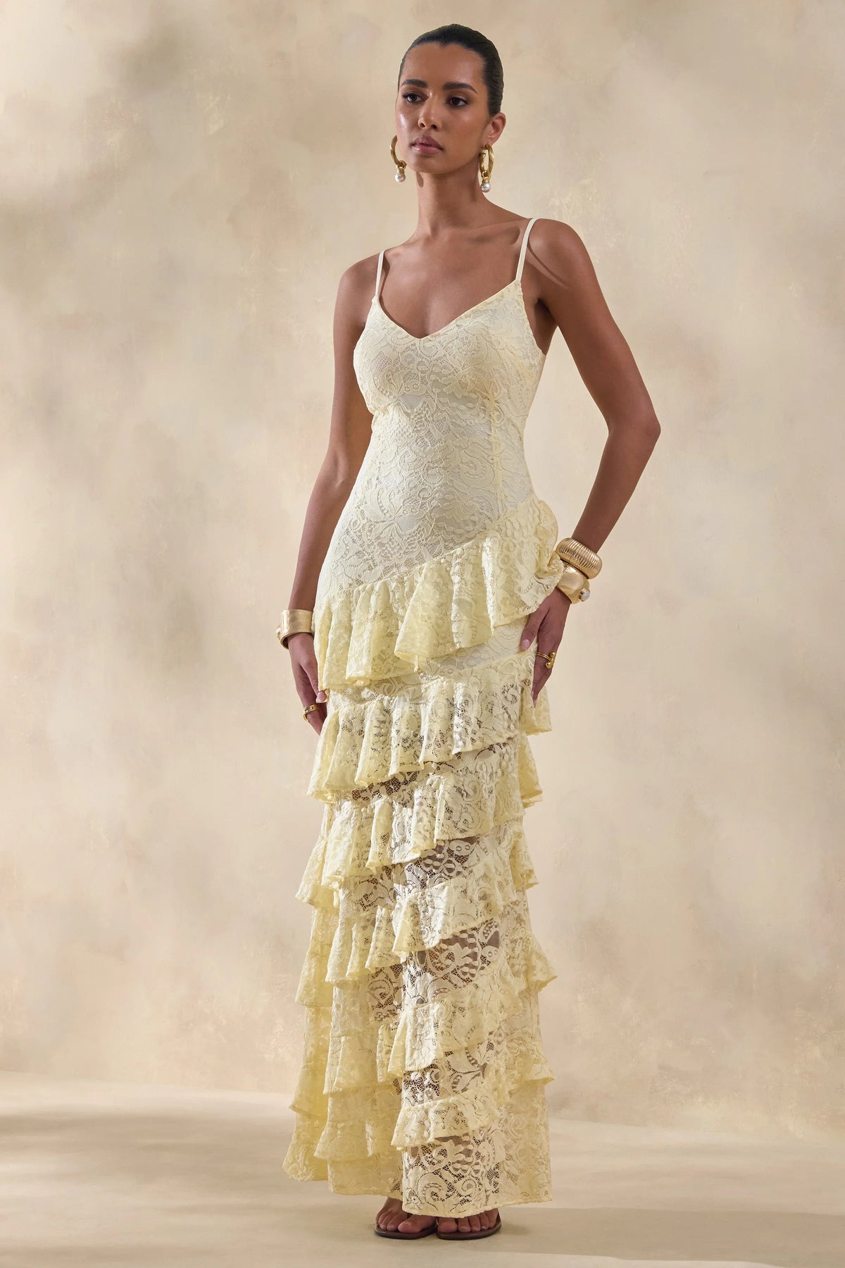 Avelisse Lemon Lace Plunge Neck Maxi Dress With Ruffled Detailing