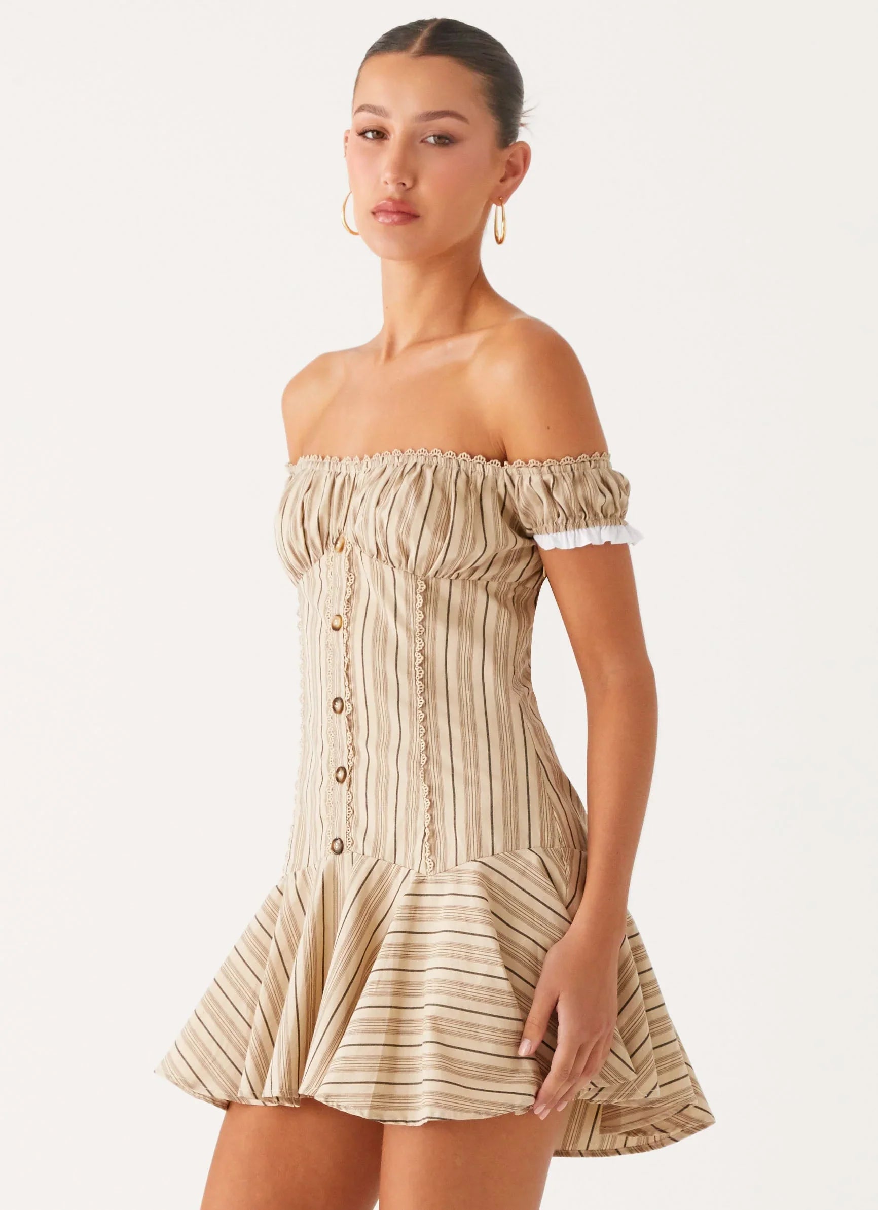 Jumana Off Shoulder Mini Dress Off White Stripe