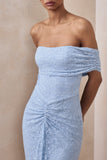 Elinor Powder Blue Lace Bardot Neck Maxi Dress With Gathered Detailing