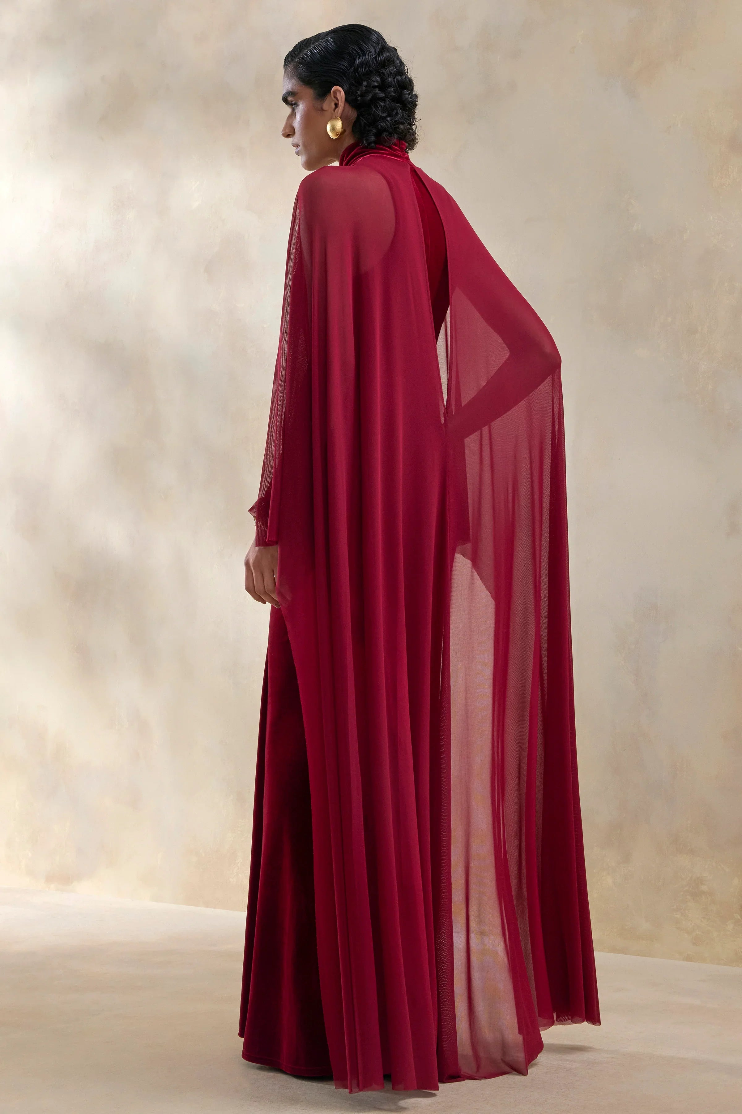 Adoring Burgundy Velvet High Neck Maxi Dress With Cape