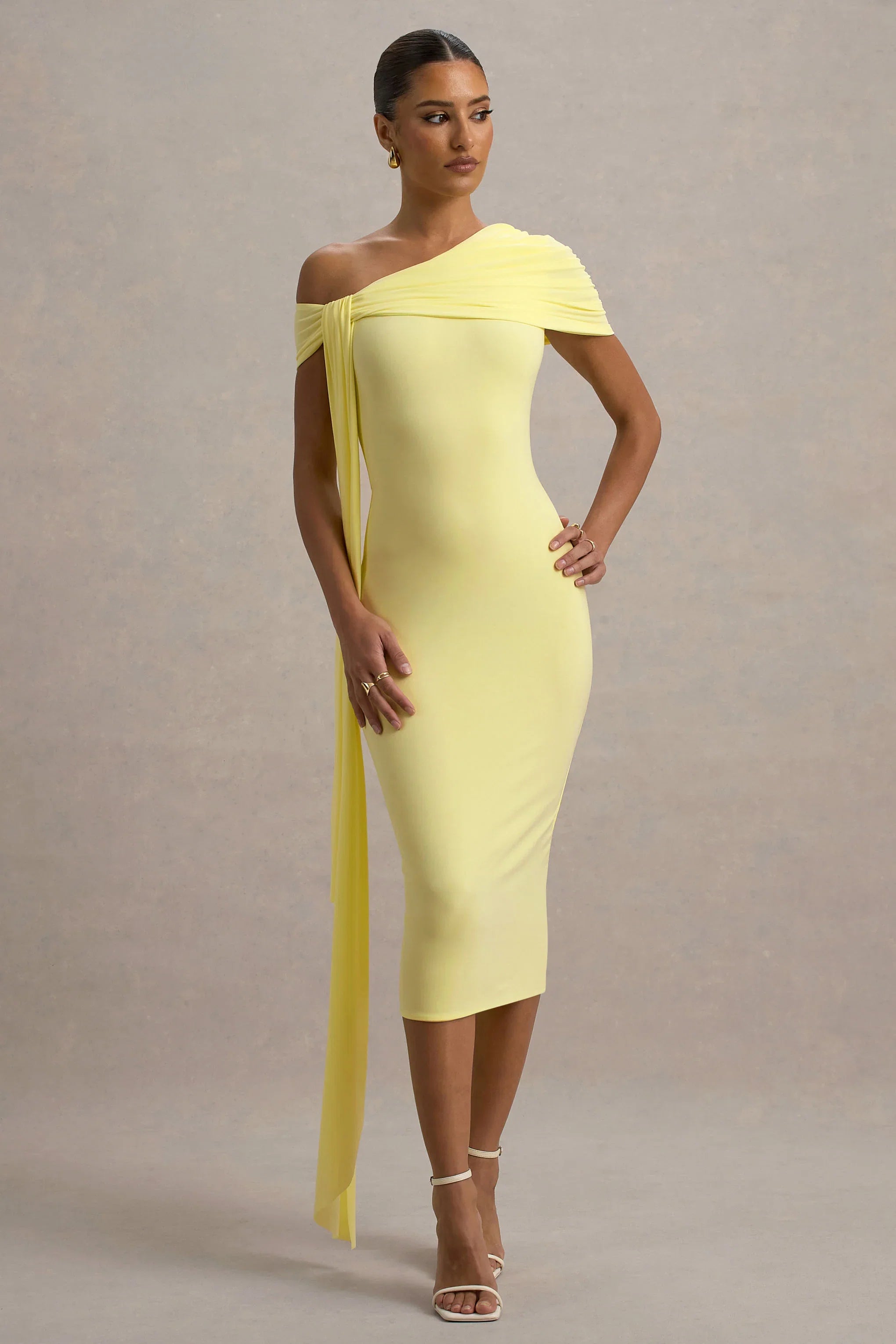 Vallea Lemon One Shoulder Draped Midi Dress