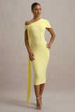Vallea Lemon One Shoulder Draped Midi Dress