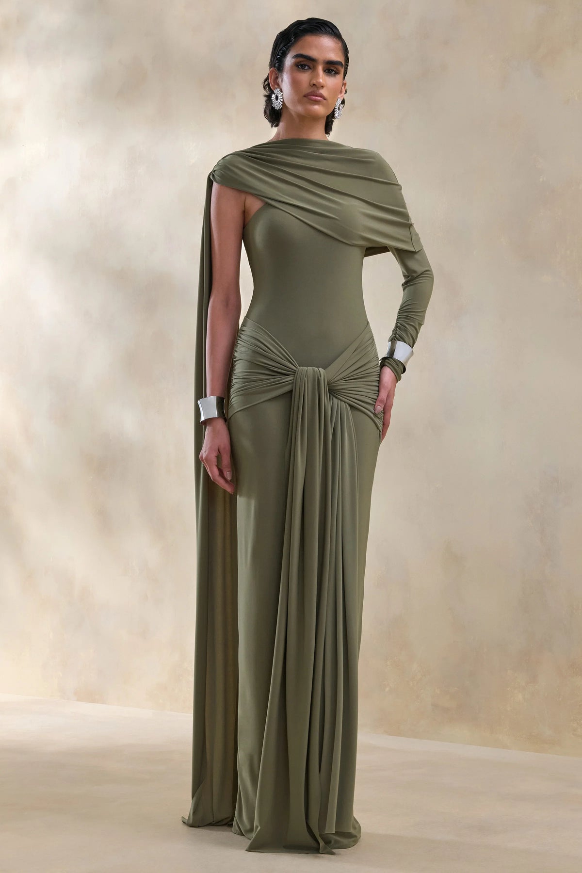 Trisara Olive Asymmetric Neck Maxi Dress With Gathered Detailing And Sash